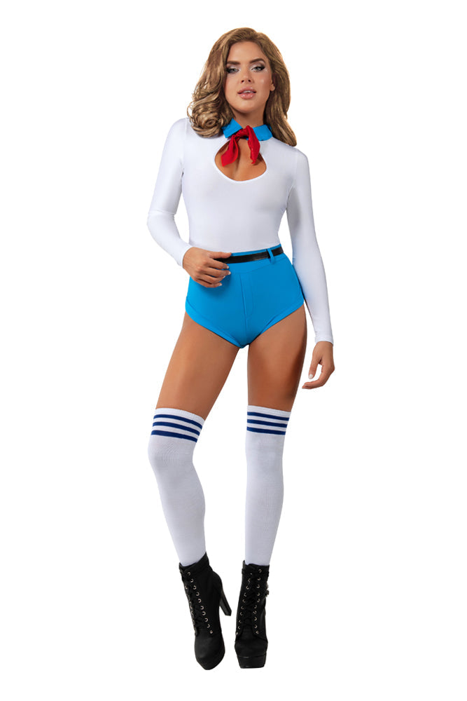 Boss Lady Mystery Leader romper with attached ascot, and separate belt. Socks not included.