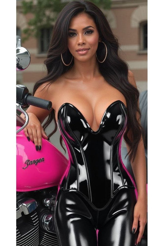 Top Drawer Steel Boned Black Patent Plunge Neckline Overbust Corset