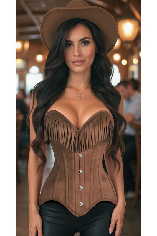 Top Drawer Tan Suede Steel Boned Overbust Corset w/Fringe