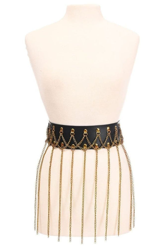 Black Faux Leather & Gold Metallic Chain Fringe Skirt - Daisy Corsets