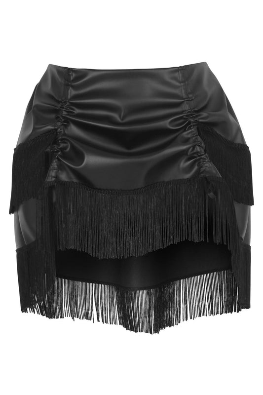 Black Faux Leather Ruched Bustle Skirt w/Fringe - Daisy Corsets