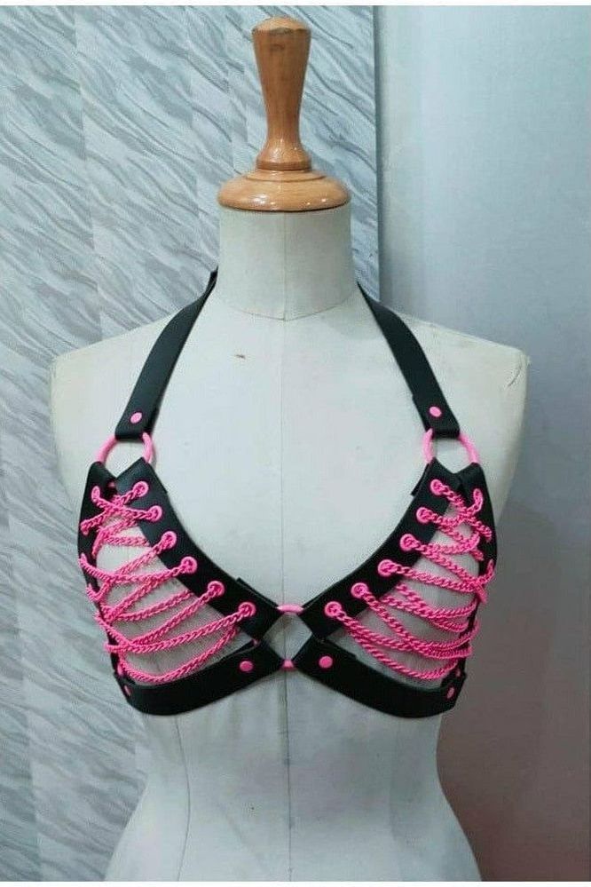 Candy Collection - Pink Chain Lace - Up Bra Top Harness - Daisy Corsets