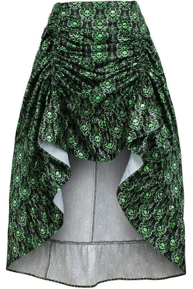 Green & Black Skull Satin Adjustable High Low Skirt - Daisy Corsets