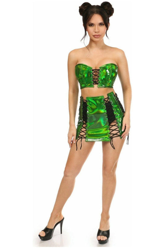 Lavish 2 PC Green Holo Bustier & Skirt Set - Daisy Corsets