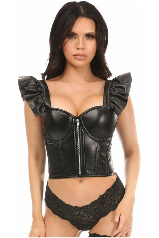 Lavish Black Faux Leather Bustier Top w/Ruffle Sleeves - Daisy Corsets