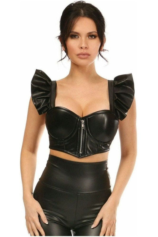 Lavish Black Faux Leather Underwire Bustier Top w/Removable Ruffle Sleeves - Daisy Corsets