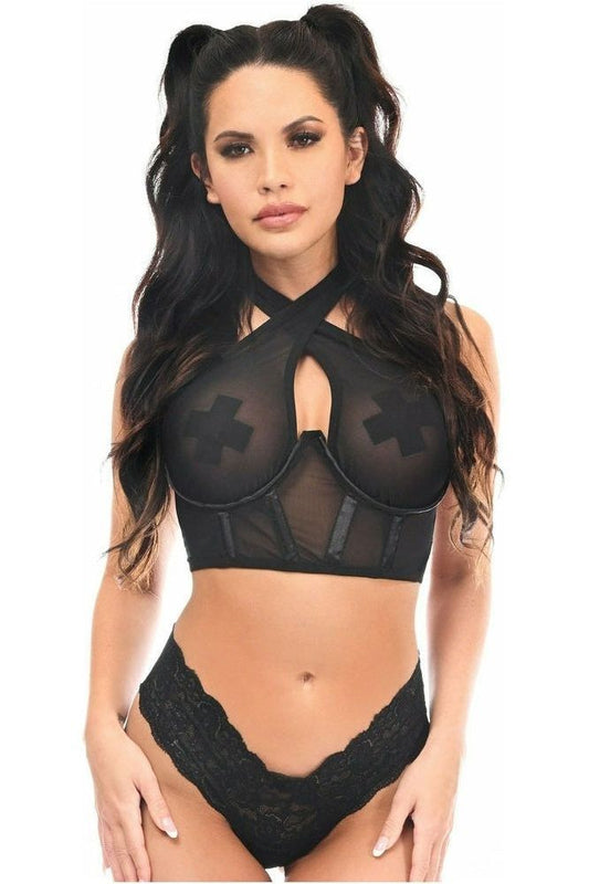 Lavish Black Mesh Underwire Cincher w/Built In Halter Top - Daisy Corsets