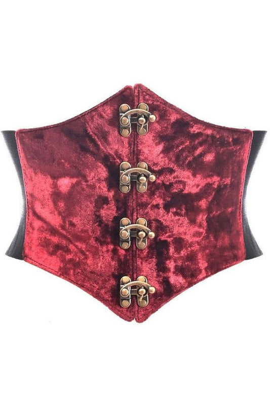 Lavish Dark Red Crushed Velvet Corset Belt Cincher w/Clasps - Daisy Corsets