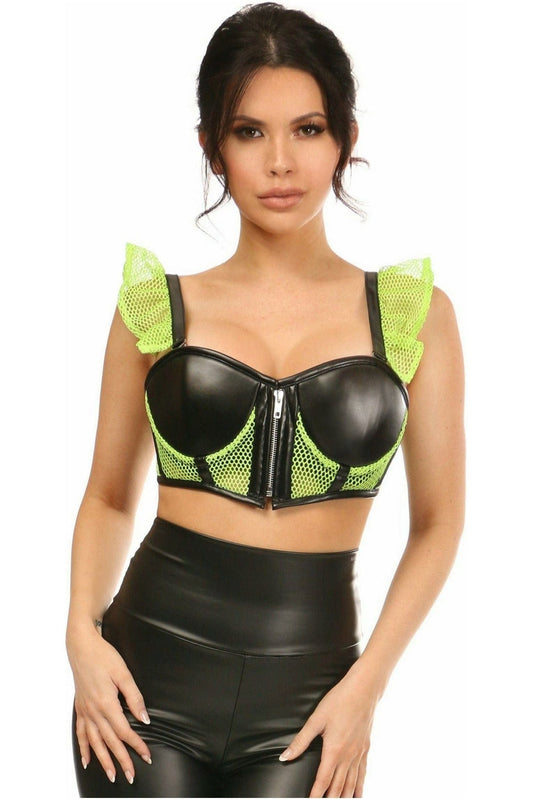 Lavish Neon Green Fishnet & Faux Leather Underwire Bustier Top w/Removable Ruffle Sleeves - Daisy Corsets