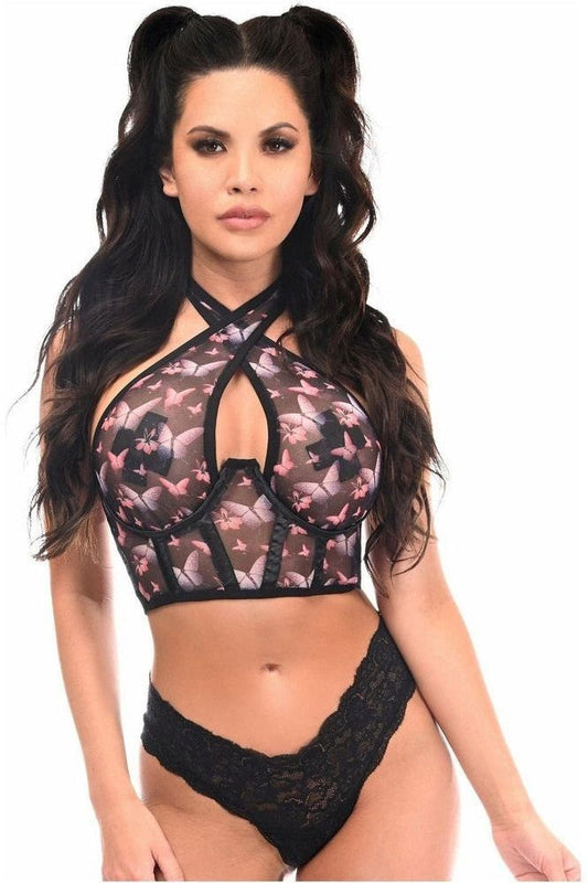 Lavish Pink & Purple Butterfly Mesh Underwire Cincher w/Built In Halter Top - Daisy Corsets