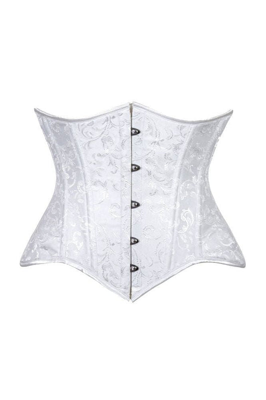 Lavish White Brocade Waist Cincher Under Bust Corset w/Front Busk Closure - Daisy Corsets