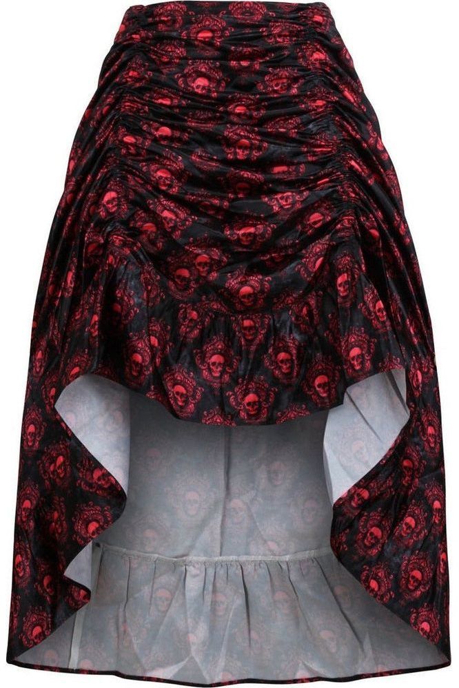 Red & Black Skull Satin Adjustable High Low Skirt - Daisy Corsets