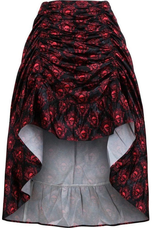 Red & Black Skull Satin Adjustable High Low Skirt - Daisy Corsets