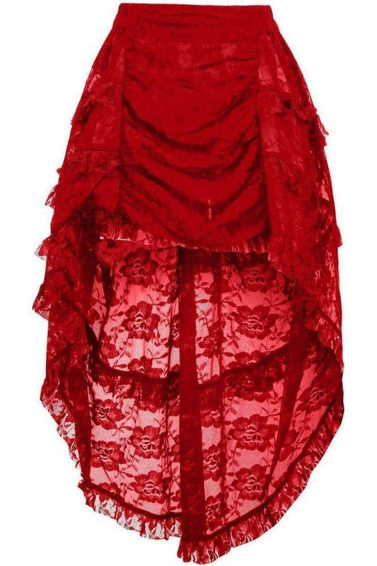 Red Lace Ruched Front High Low Lace Skirt - Daisy Corsets