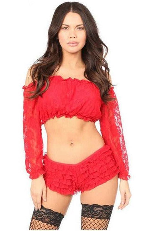 Red Lined Lace Long Sleeve Peasant Top - Daisy Corsets