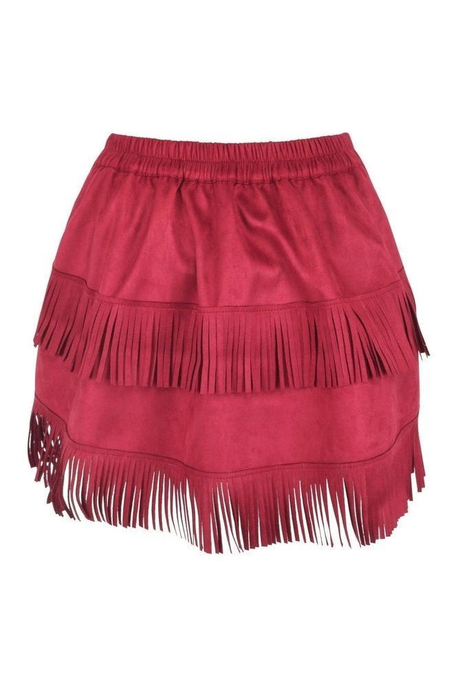 Red Suede Ruched Bustle Skirt w/Fringe - Daisy Corsets