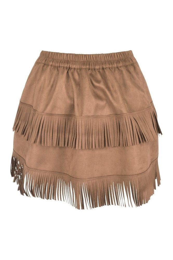 Tan Suede Ruched Bustle Skirt w/Fringe - Daisy Corsets