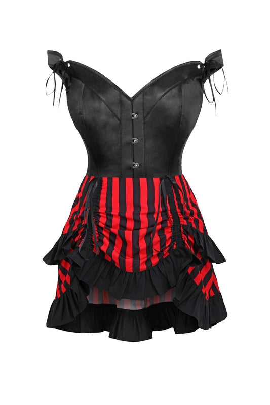 Top Drawer 2 PC Black Satin Steel Boned Corset w/Straps & Striped Skirt Set - Daisy Corsets