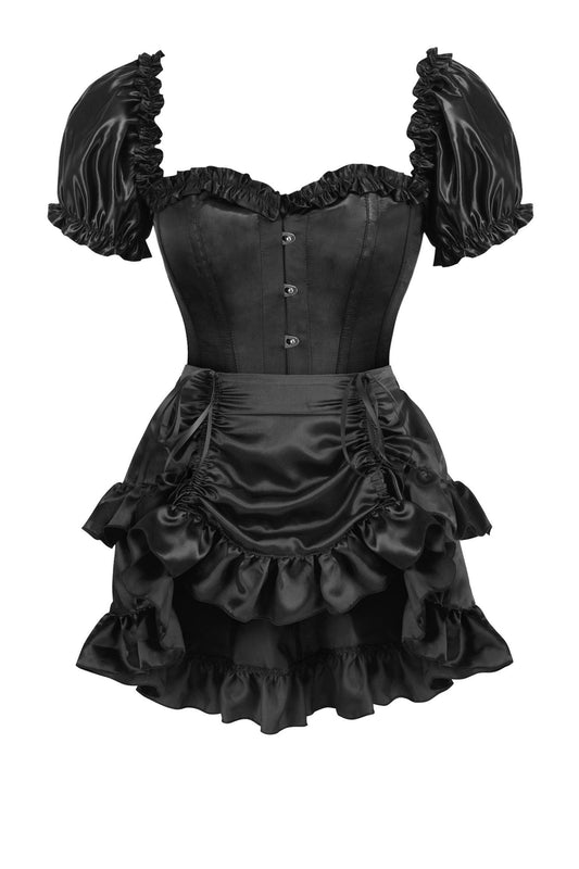 Top Drawer 2 PC Black Satin Steel Boned Overbust Corset w/Sleeves & Satin Skirt Set - Daisy Corsets