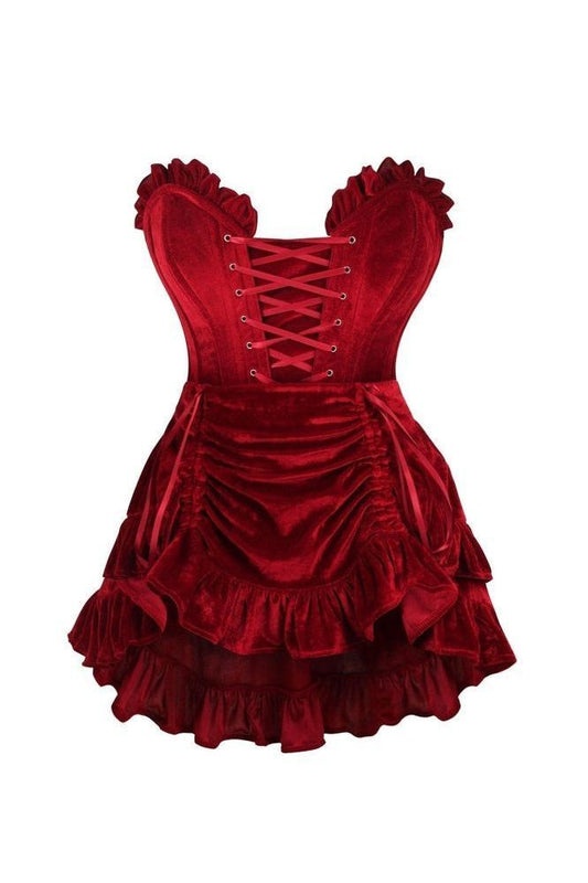 Top Drawer 2 PC Dark Red Velvet Lace - Up Corset & Skirt Set - Daisy Corsets