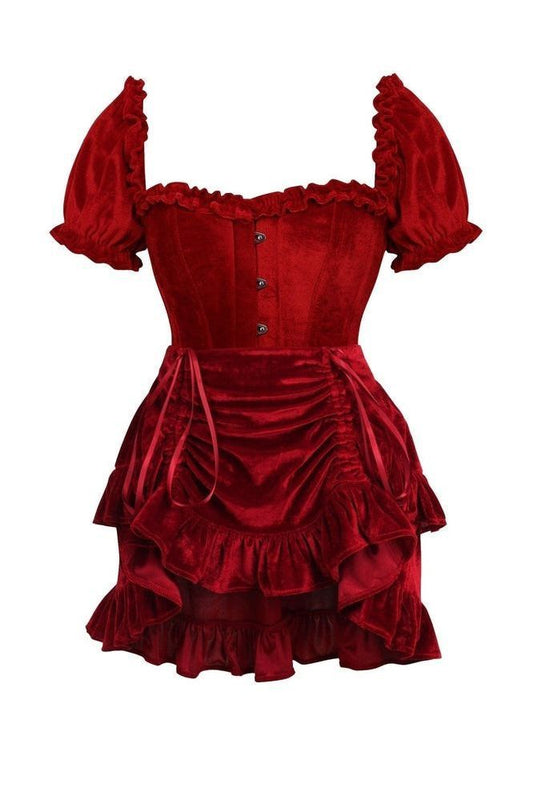 Top Drawer 2 PC Dark Red Velvet Steel Boned Corset w/sleeves & Skirt Set - Daisy Corsets