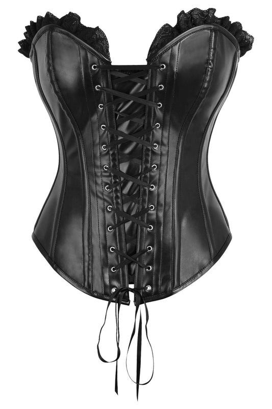 Top Drawer Black Faux Leather & Black Lace Trim Lace - Up Steel Boned Corset - Daisy Corsets