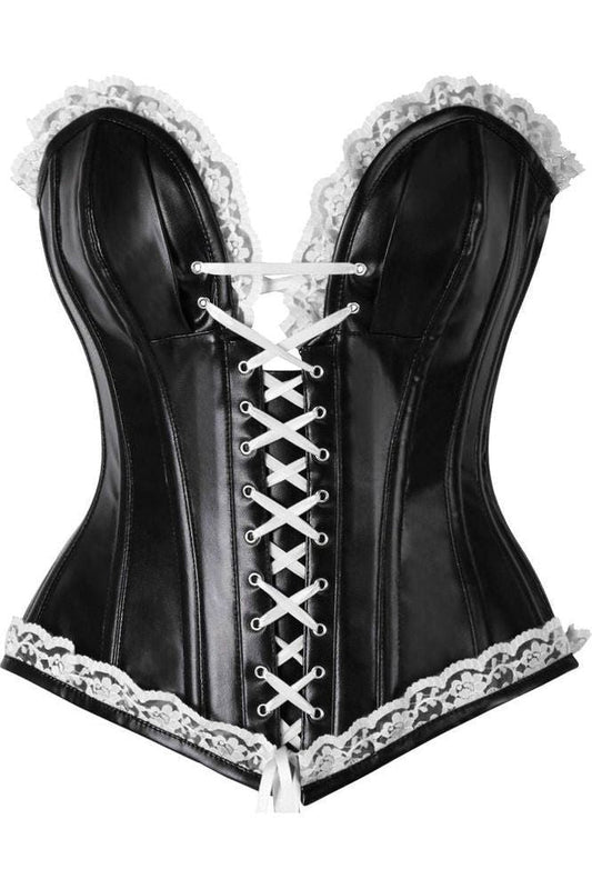 Top Drawer Black Faux Leather & White Lace Trim Steel Boned Corset - Daisy Corsets