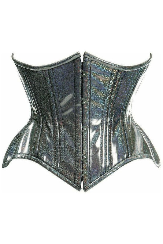 Top Drawer Black Rainbow Glitter Holo Double Steel Boned Curvy Cut Waist Cincher Corset - Daisy Corsets