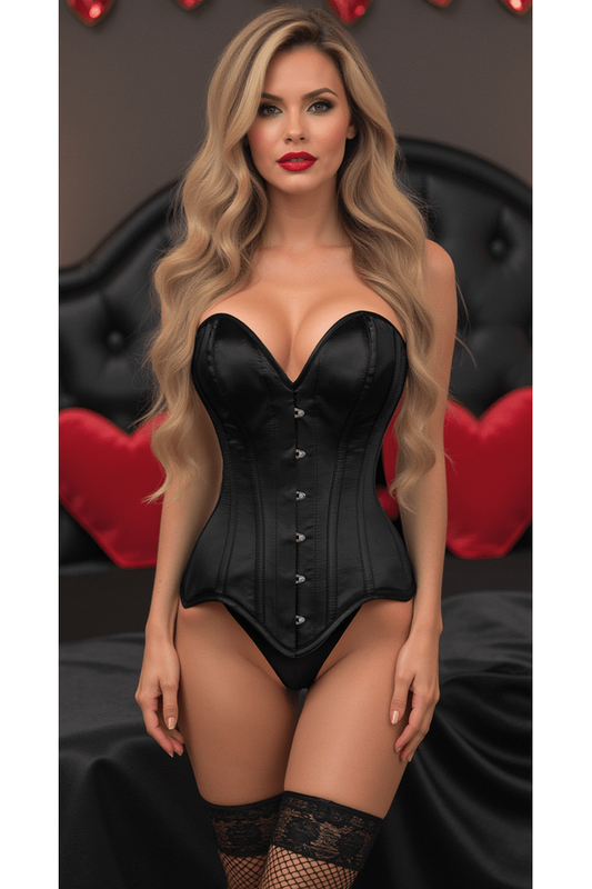 Top Drawer Black Satin Steel Boned Overbust Corset - Daisy Corsets
