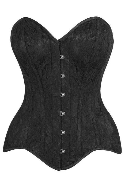 Top Drawer Black Satin w/Black Lace Overlay Steel Boned Overbust Corset - Daisy Corsets