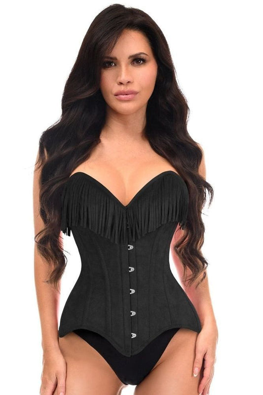Top Drawer Black Suede Steel Boned Overbust Corset w/Fringe - Daisy Corsets