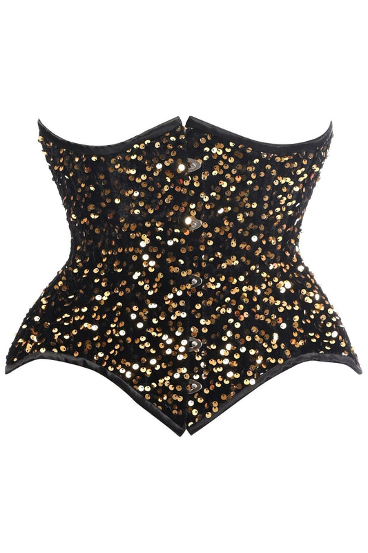 Top Drawer Black/Gold Sequin Steel Boned Underbust Cincher Corset - Daisy Corsets