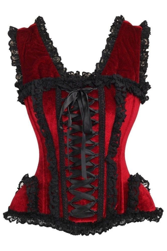 Top Drawer Dark Red Velvet & Lace Steel Boned Corset w/Cap Sleeves - Daisy Corsets
