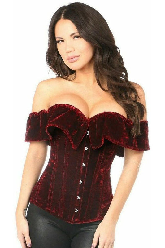 Top Drawer Dark Red Velvet Off - The - Shoulder Steel Boned Corset - Daisy Corsets