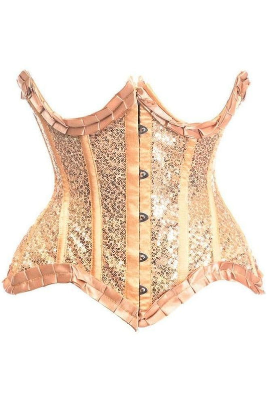 Top Drawer Gold Satin & Sequin Underwire Curvy Cut Steel Boned Waist Cincher Corset - Daisy Corsets