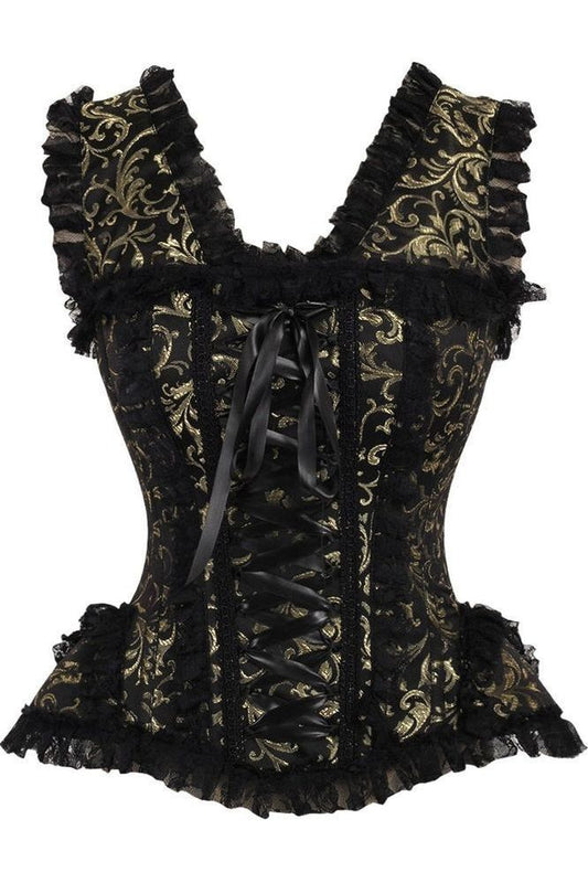 Top Drawer Gold/Black Swirl Brocade & Lace Steel Boned Corset w/Cap Sleeves - Daisy Corsets