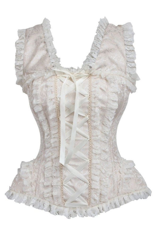 Top Drawer Ivory Brocade & Lace Steel Boned Corset w/Cap Sleeves - Daisy Corsets