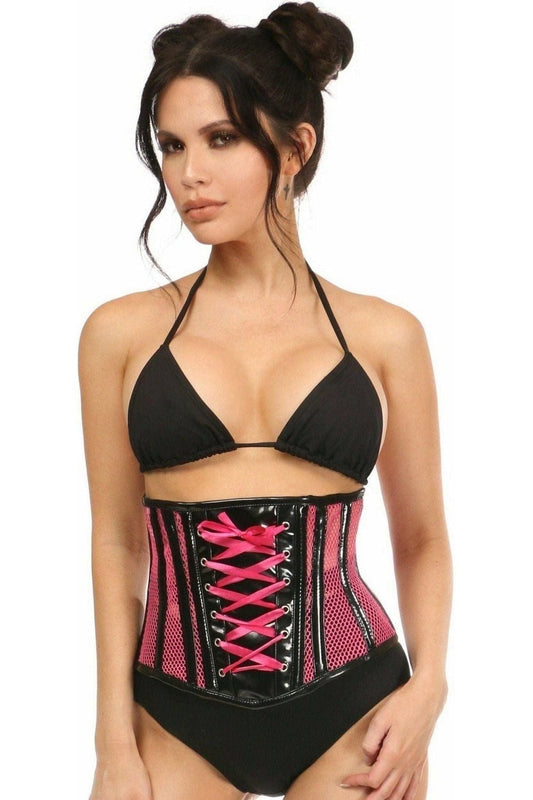 Top Drawer Neon Pink Patent & Fishnet Underbust Corset - Daisy Corsets