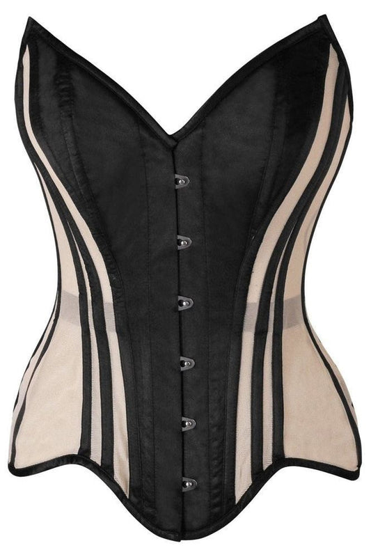 Top Drawer Nude Mesh & Black Satin Steel Boned Overbust Corset - Daisy Corsets