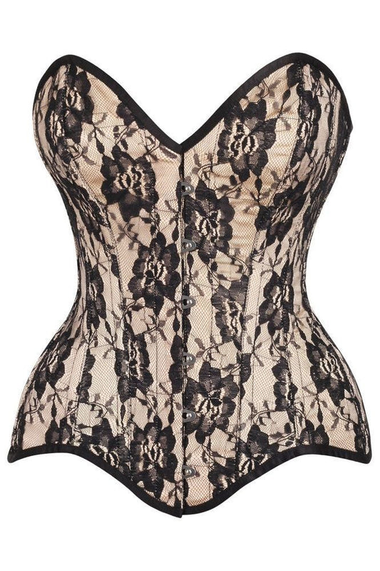 Top Drawer Nude Satin w/Black Lace Overlay Steel Boned Overbust Corset - Daisy Corsets