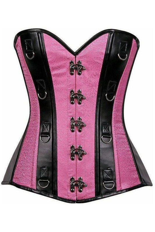 Top Drawer Pink Brocade & Faux Leather Steel Boned Corset - Daisy Corsets