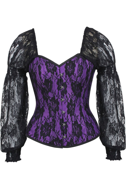 Top Drawer Purple w/Black Lace Steel Boned Long Sleeve Corset - Daisy Corsets