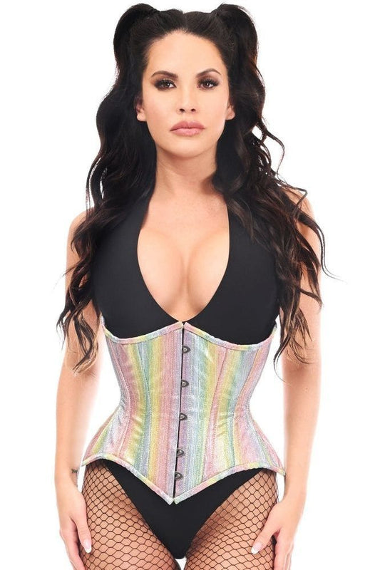 Top Drawer Rainbow Glitter Double Steel Boned Curvy Cut Waist Cincher Corset - Daisy Corsets