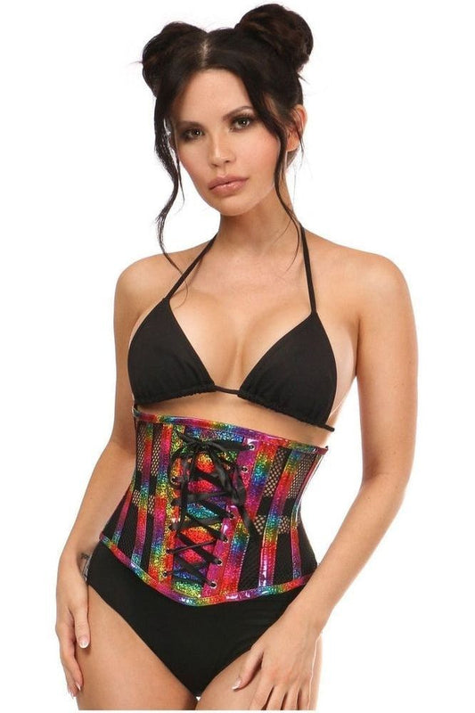 Top Drawer Rainbow Glitter PVC Steel Boned Underbust Corset w/Lace - Up Front - Daisy Corsets