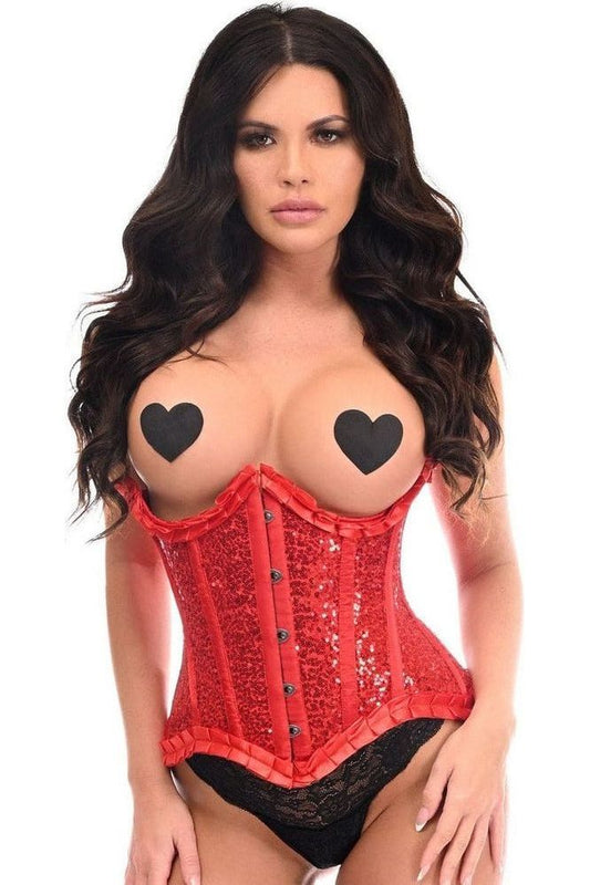 Top Drawer Red Satin & Sequin Underwire Curvy Cut Steel Boned Waist Cincher Corset - Daisy Corsets