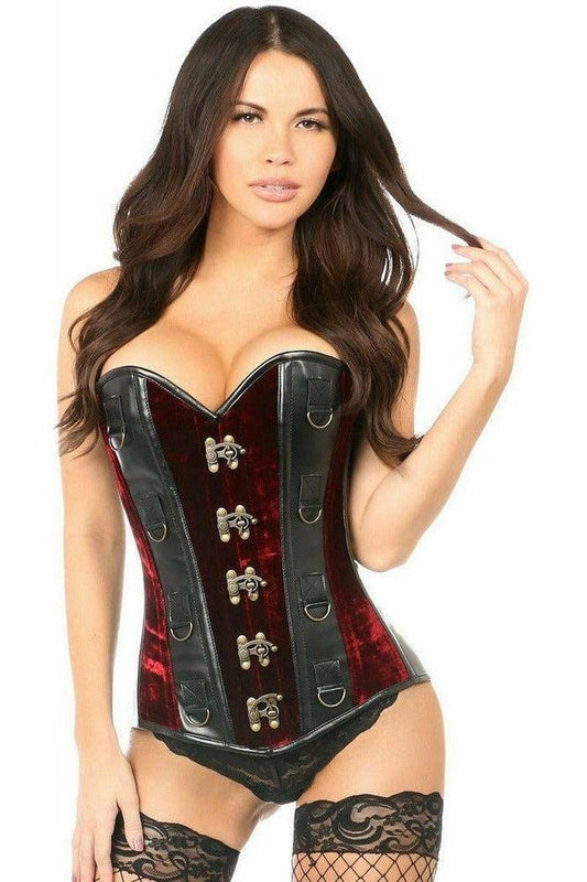 Top Drawer Red Velvet & Faux Leather Steel Boned Corset - Daisy Corsets
