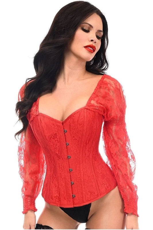 Top Drawer Red w/Red Lace Steel Boned Long Sleeve Corset - Daisy Corsets