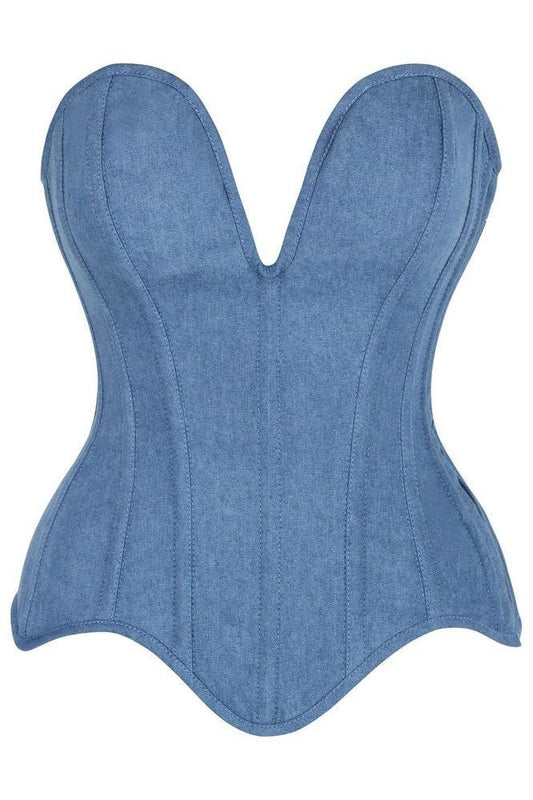 Top Drawer Steel Boned Blue Denim Plunge Neckline Overbust Corset - Daisy Corsets