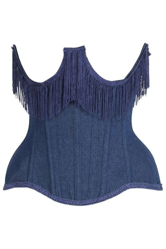 Top Drawer Steel Boned Dark Blue Denim Underwire Underbust Corset Cincher w/Fringe - Daisy Corsets