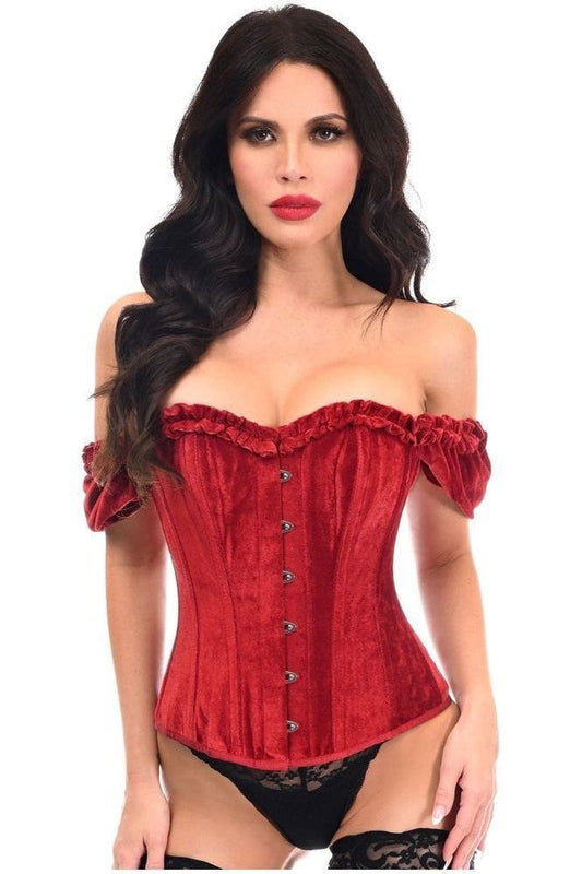 Top Drawer Steel Boned Dark Red Velvet Overbust Corset w/Sleeves - Daisy Corsets